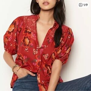 Farm Rio for Anthropologie Giustina Floral Lace Puff Sleeve Blouse Size XS